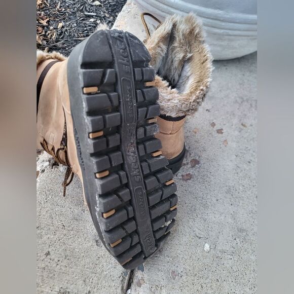 Vintage 90s Chunky Skechers Womens Boots Platform Tan Leather Lace Fur Y2K Sz 7 - Picture 8 of 12